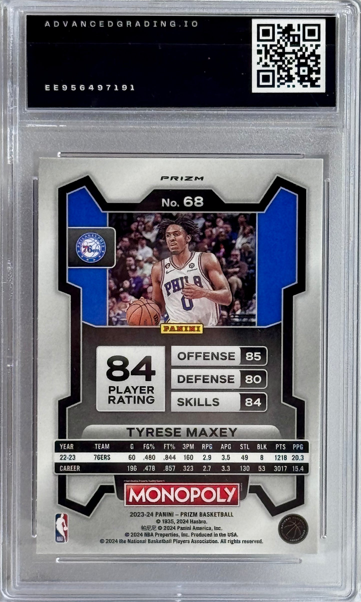 2023-24 Panini Prizm Monopoly #68 Tyrese Maxey Purple Wave Prizm Gem 10