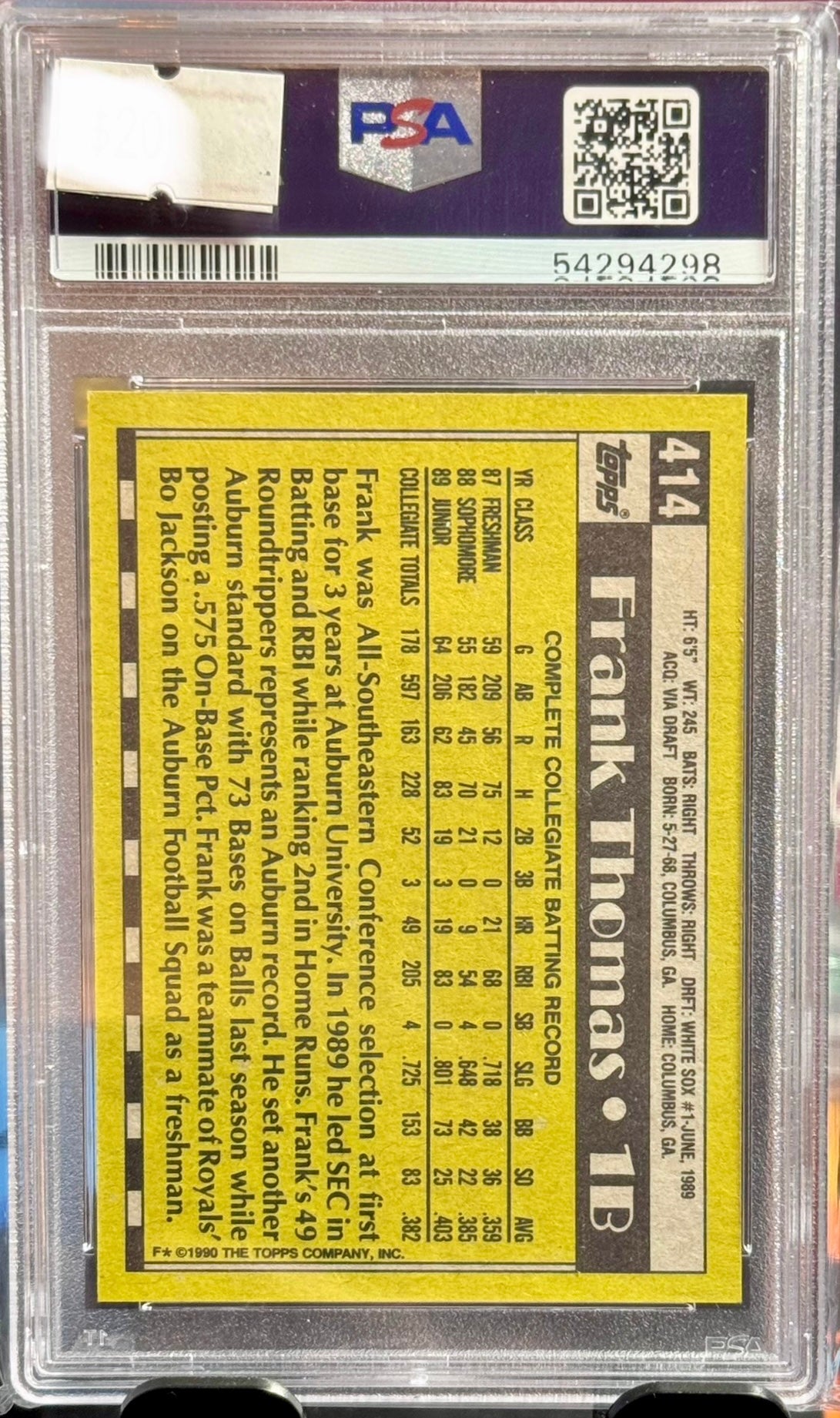 1990 TOPPS FRANK THOMAS NAME ON FRONT PSA 9