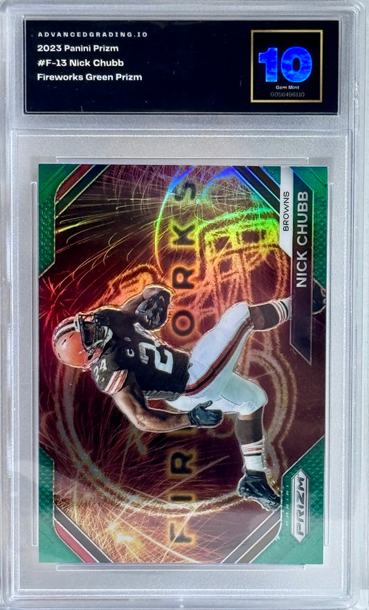 2023 Panini Prizm #F-13 Nick Chubb Fireworks Green Prizm Gem 10