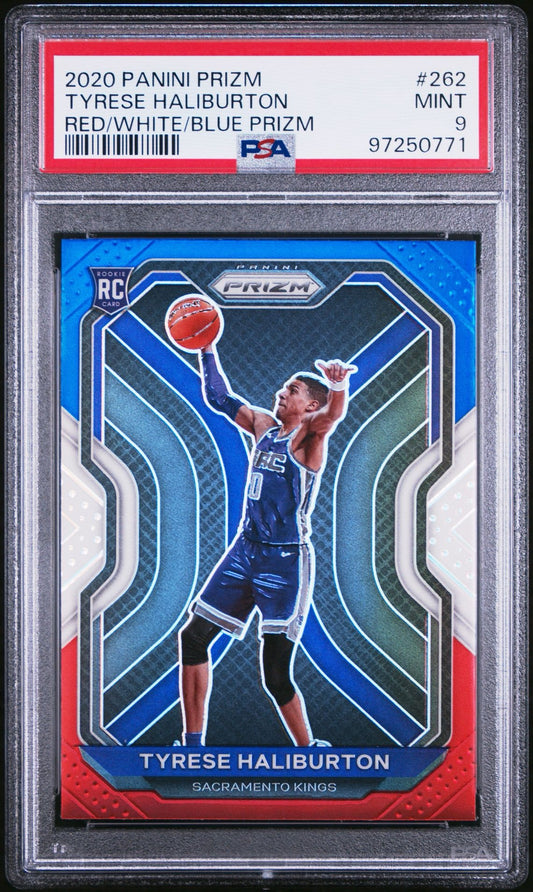 2020 PANINI PRIZM TYRESE HALIBURTON RED/WHITE/BLUE PRIZM PSA 9