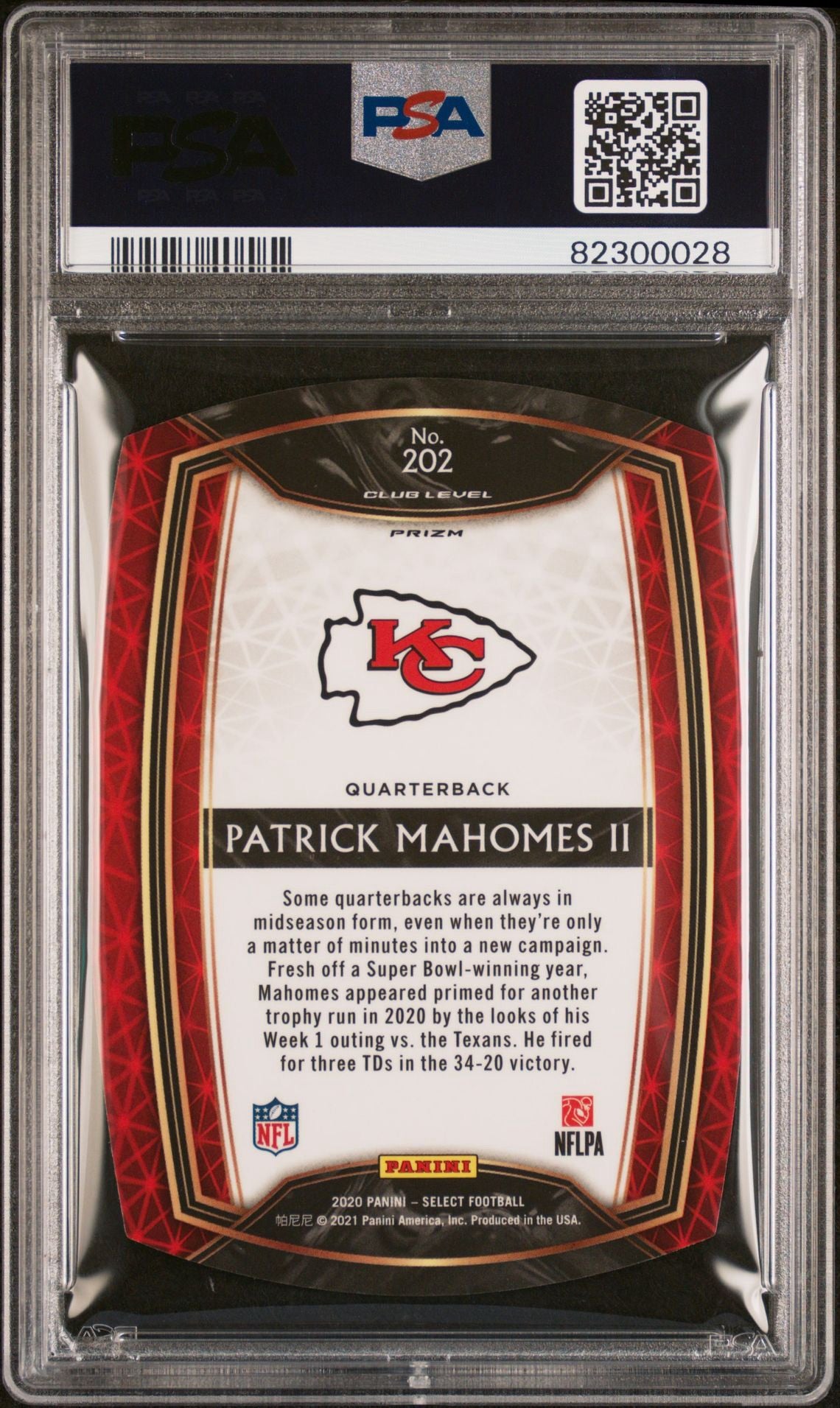 2020 PANINI SELECT PATRICK MAHOMES II DIE-CUT PURPLE PRIZM
PSA 9