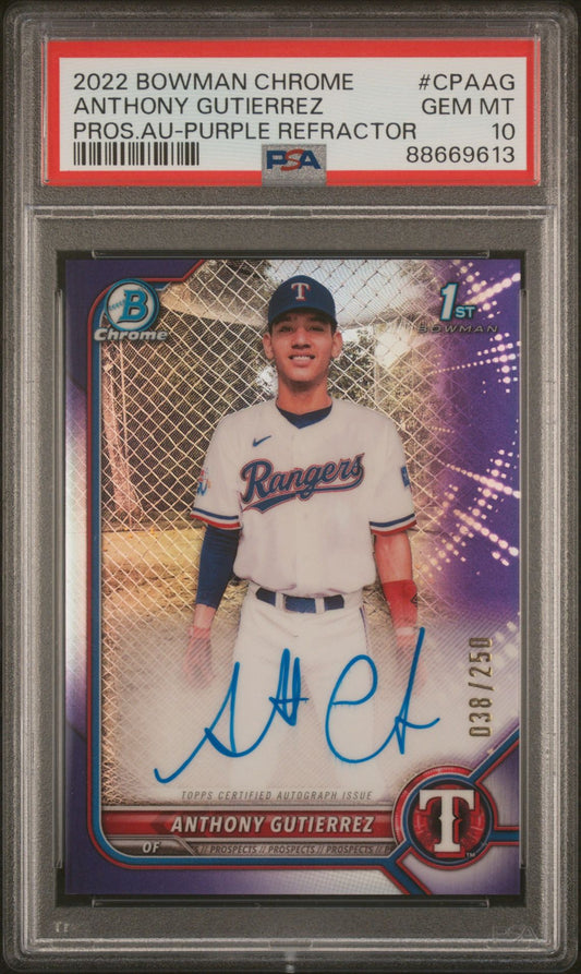 2022 BOWMAN CHROME ANTHONY GUTIERREZ PROS.AU-PURPLE REFRACTOR PSA 10