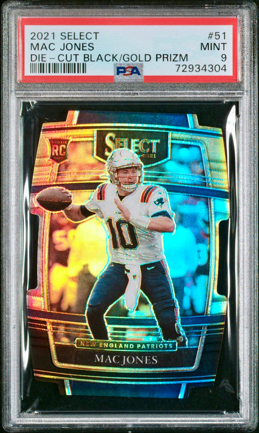 2021 SELECT MAC JONES DIE - CUT BLACK/GOLD PRIZM PSA 9