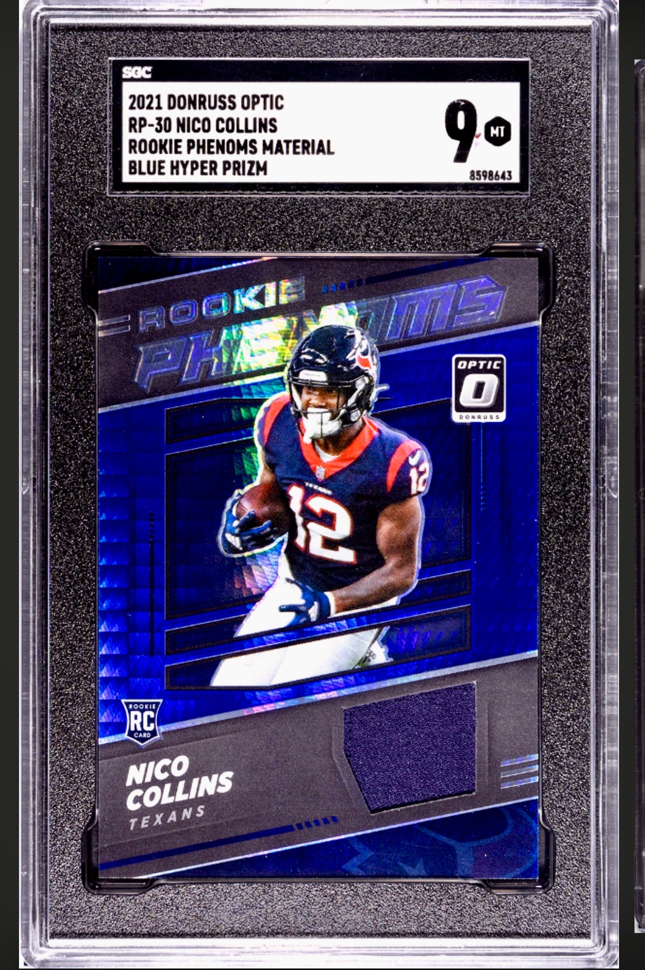 2021 DONRUSS OPTIC RP-30 NICO COLLINS ROOKIE PHENOMS MATERIAL BLUE HYPER PRIZM SGC 9