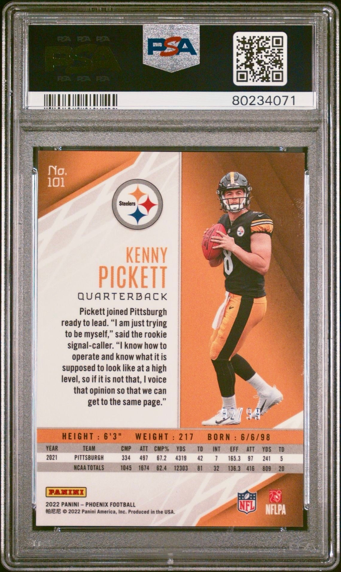 2022 PHOENIX KENNY PICKETT PURPLE LAZER PSA 10