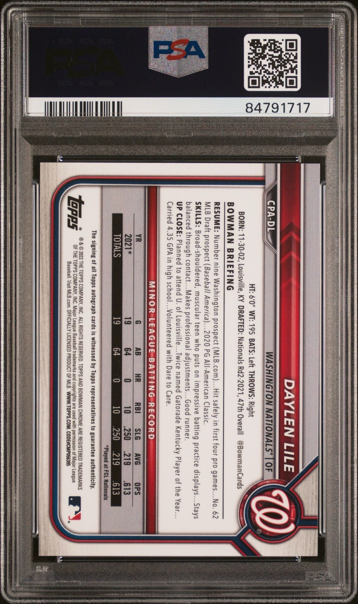 2022 BOWMAN CHROME DAYLEN LILE PROS.AU-PURPLE REFRACTOR PSA 10