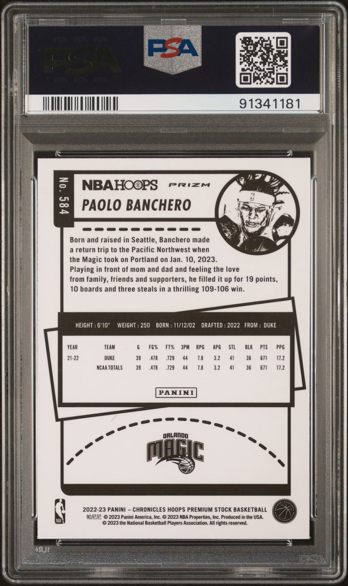 2022 CHRONICLES PAOLO BANCHERO SILVER PSA 10
