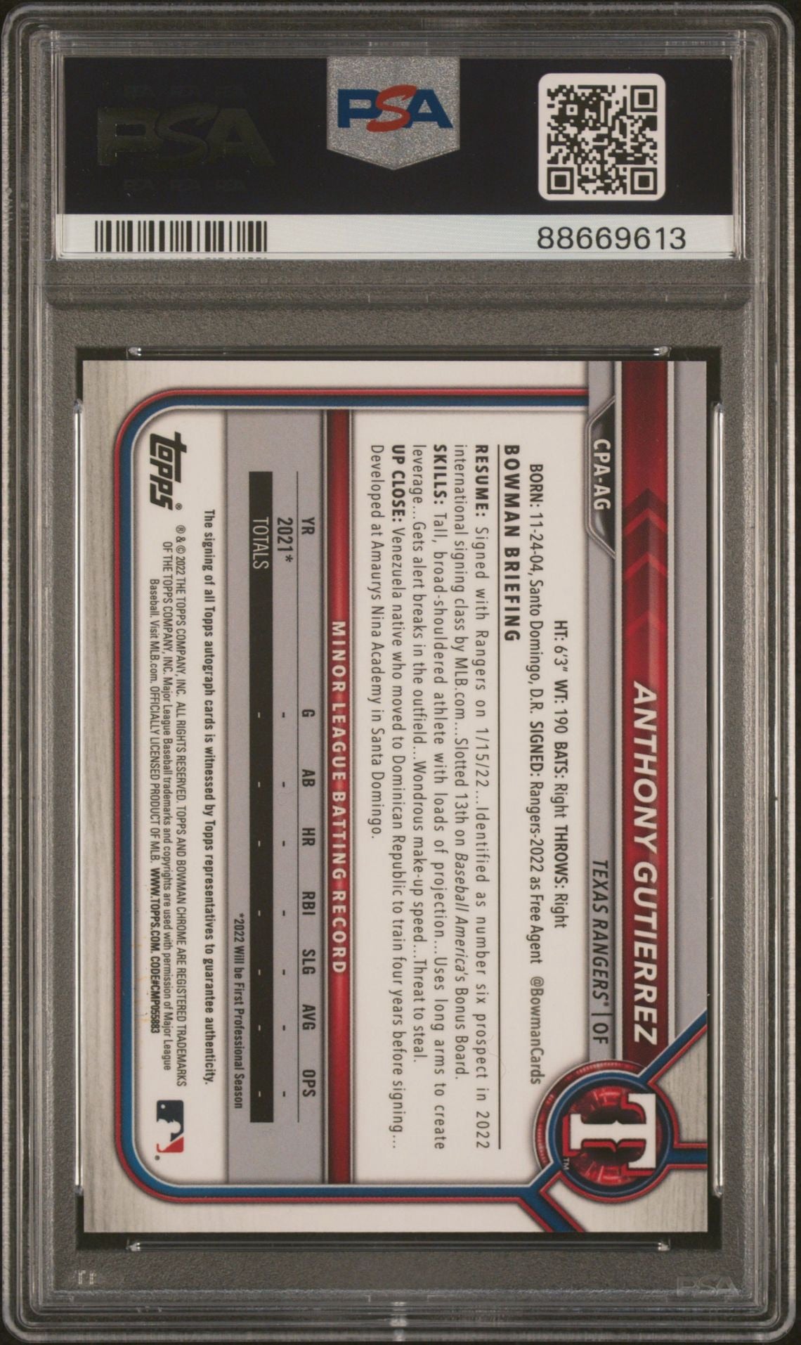 2022 BOWMAN CHROME ANTHONY GUTIERREZ PROS.AU-PURPLE REFRACTOR PSA 10