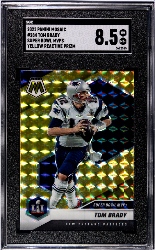 2021 PANINI MOSAIC #284 TOM BRADY SUPER BOWL MVPS YELLOW REACTIVE PRIZM SGC 8.5