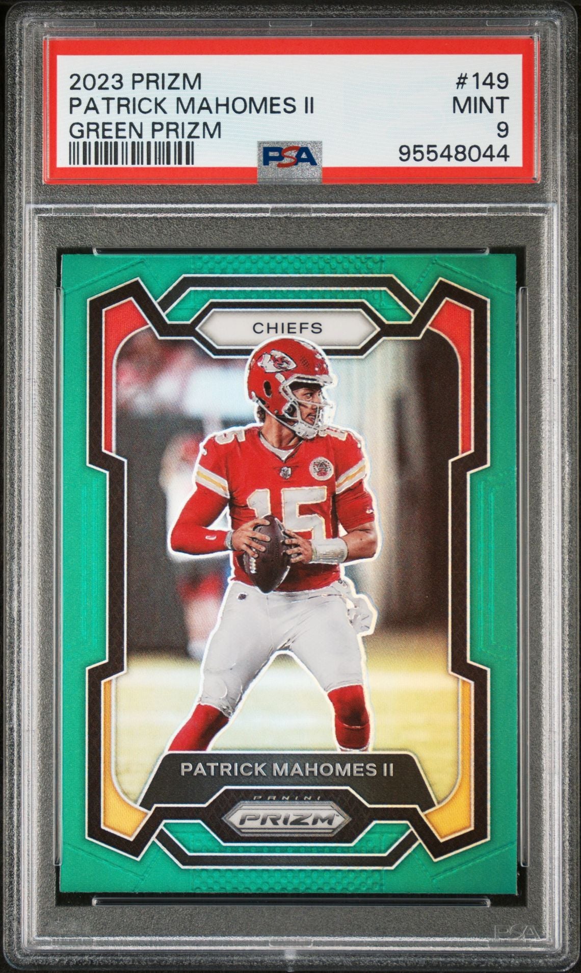 2023 PRIZM PATRICK MAHOMES II GREEN PRIZM PSA 9