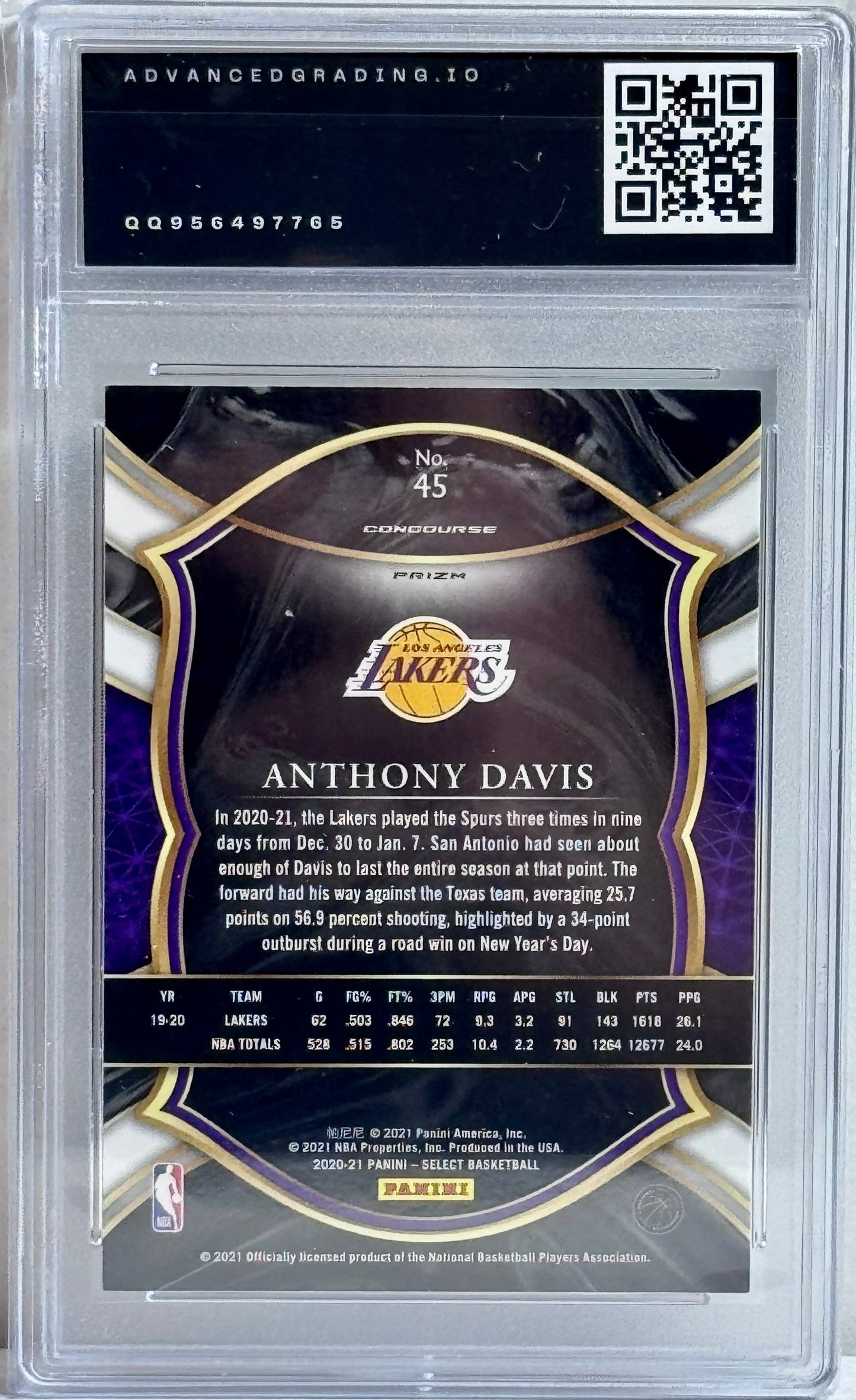 2020-21 Panini Select #45 Anthony Davis Green White Purple Prizm Conoourse Gem 10