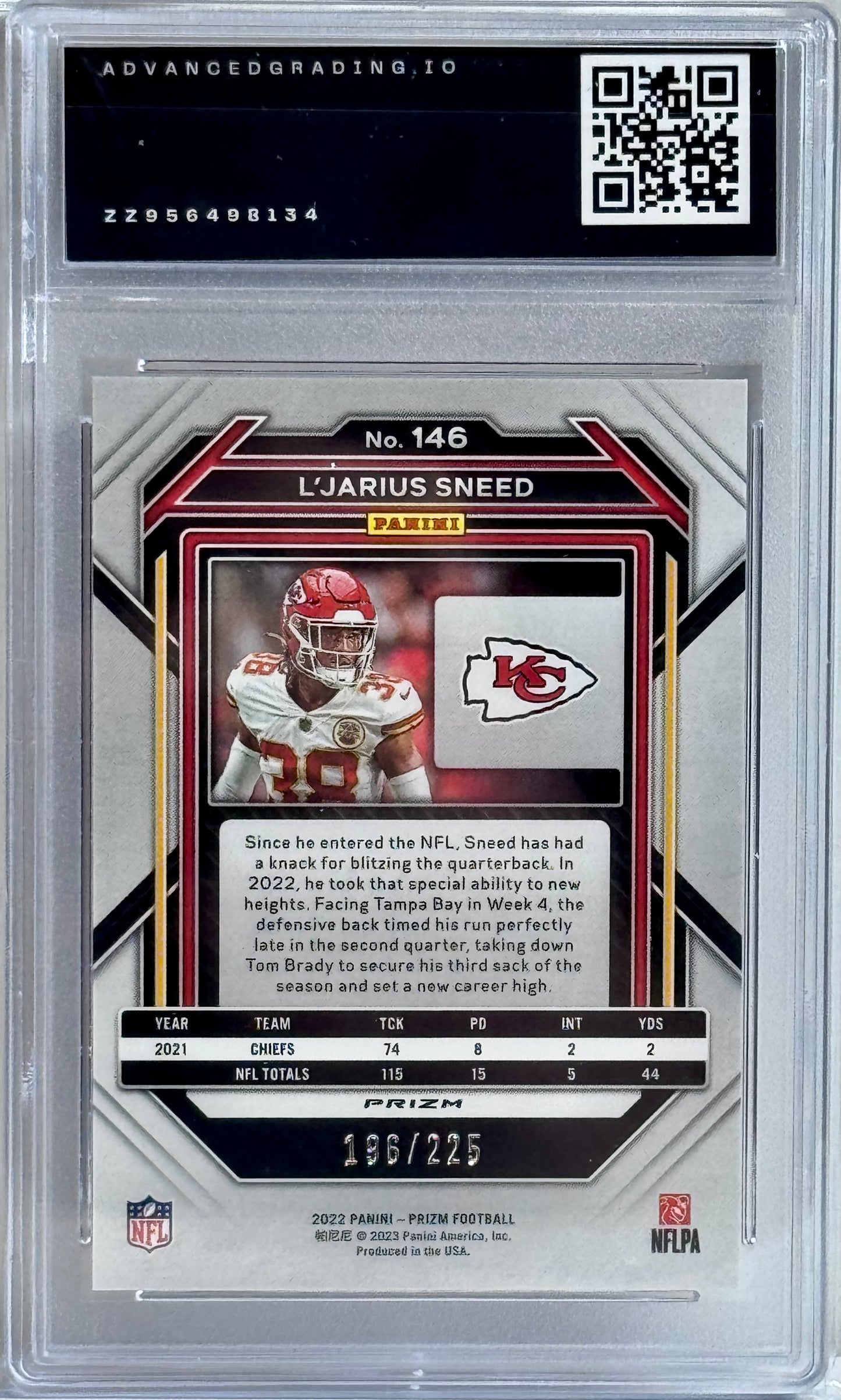 2022 Panini Prizm #146 L'Jarius Sneed Purple Ice Prizm Gem 10