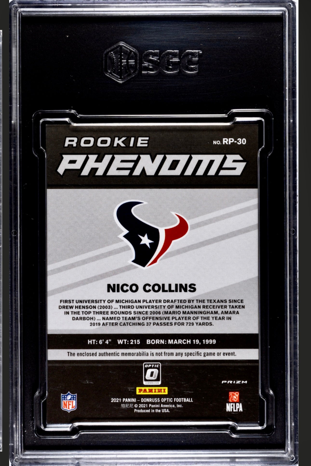 2021 DONRUSS OPTIC RP-30 NICO COLLINS ROOKIE PHENOMS MATERIAL BLUE HYPER PRIZM SGC 9