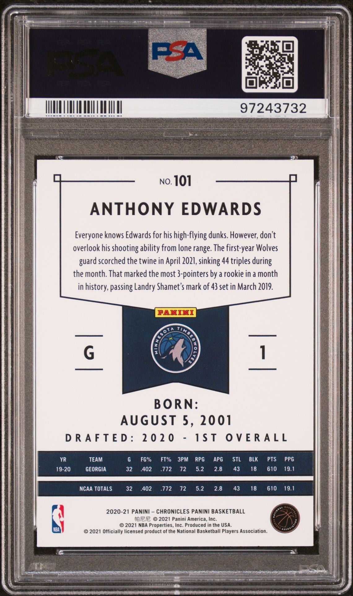 2020 CHRONICLES ANTHONY EDWARDS PSA 10