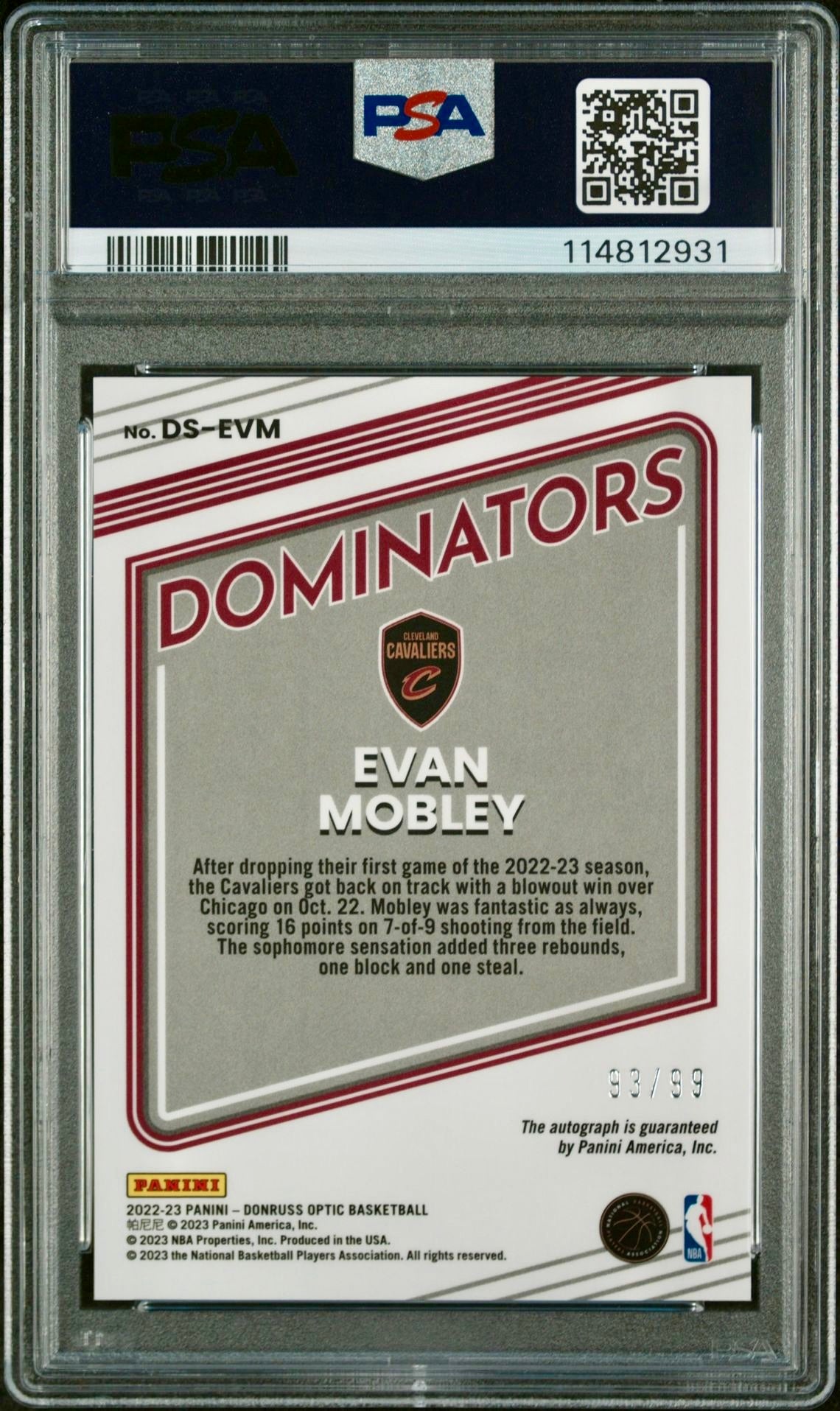 2022 DONRUSS OPTIC EVAN MOBLEY DOMINATORS SIGNATURES PSA 10