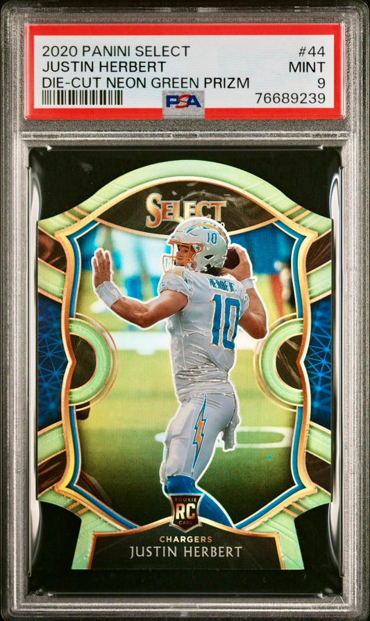 2020 PANINI SELECT JUSTIN HERBERT DIE-CUT NEON GREEN PRIZM PSA 9