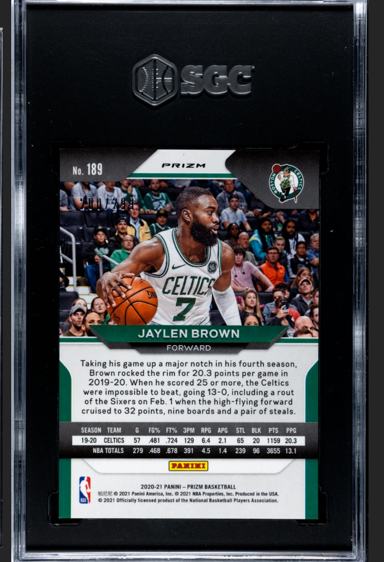 2020-21 PANINI PRIZM #189 JAYLEN BROWN RED PRIZM 200/299 SGC 10