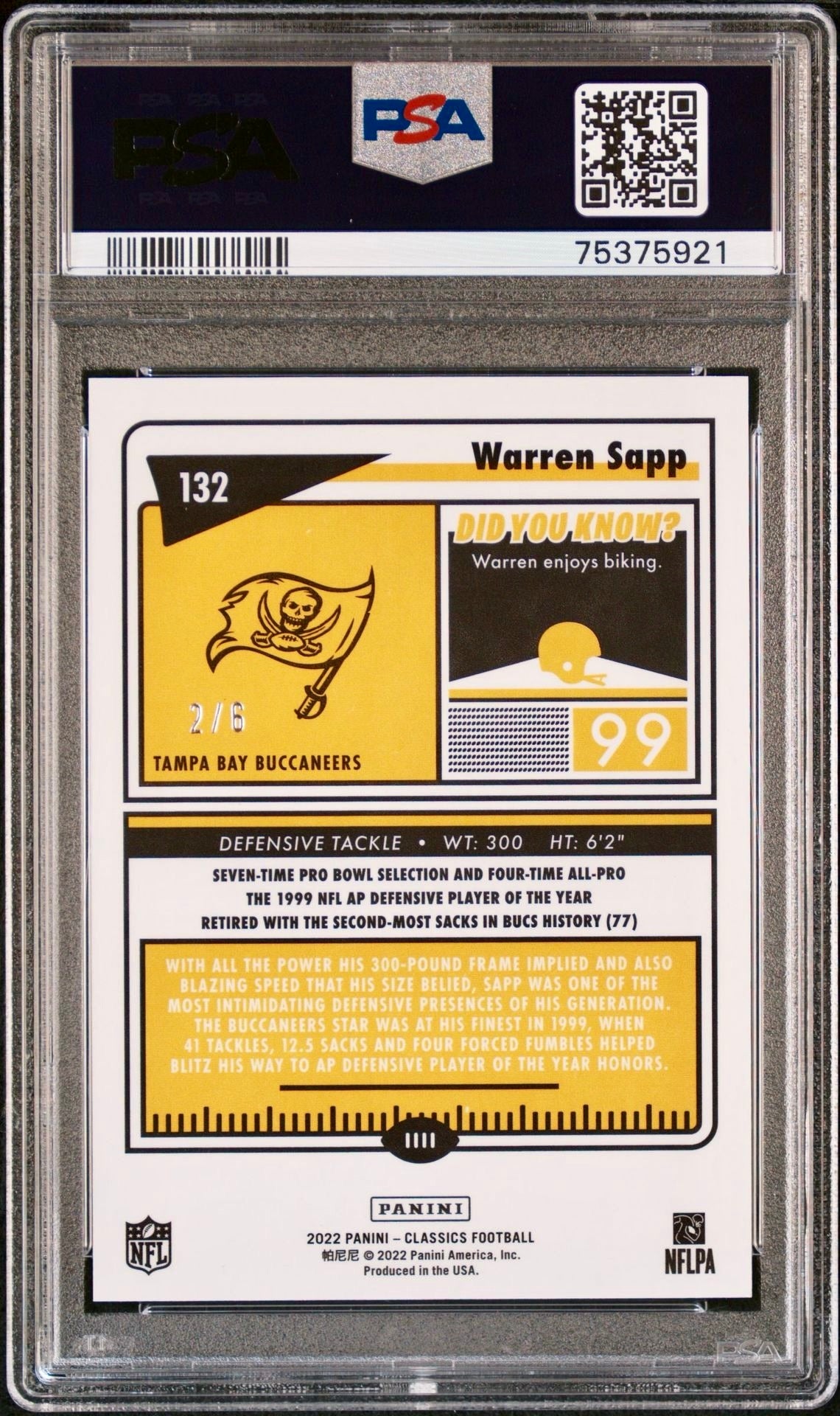 2022 PANINI CLASSICS WARREN SAPP PREM.ED. TMLS. TRIBUTE STARS PSA 9