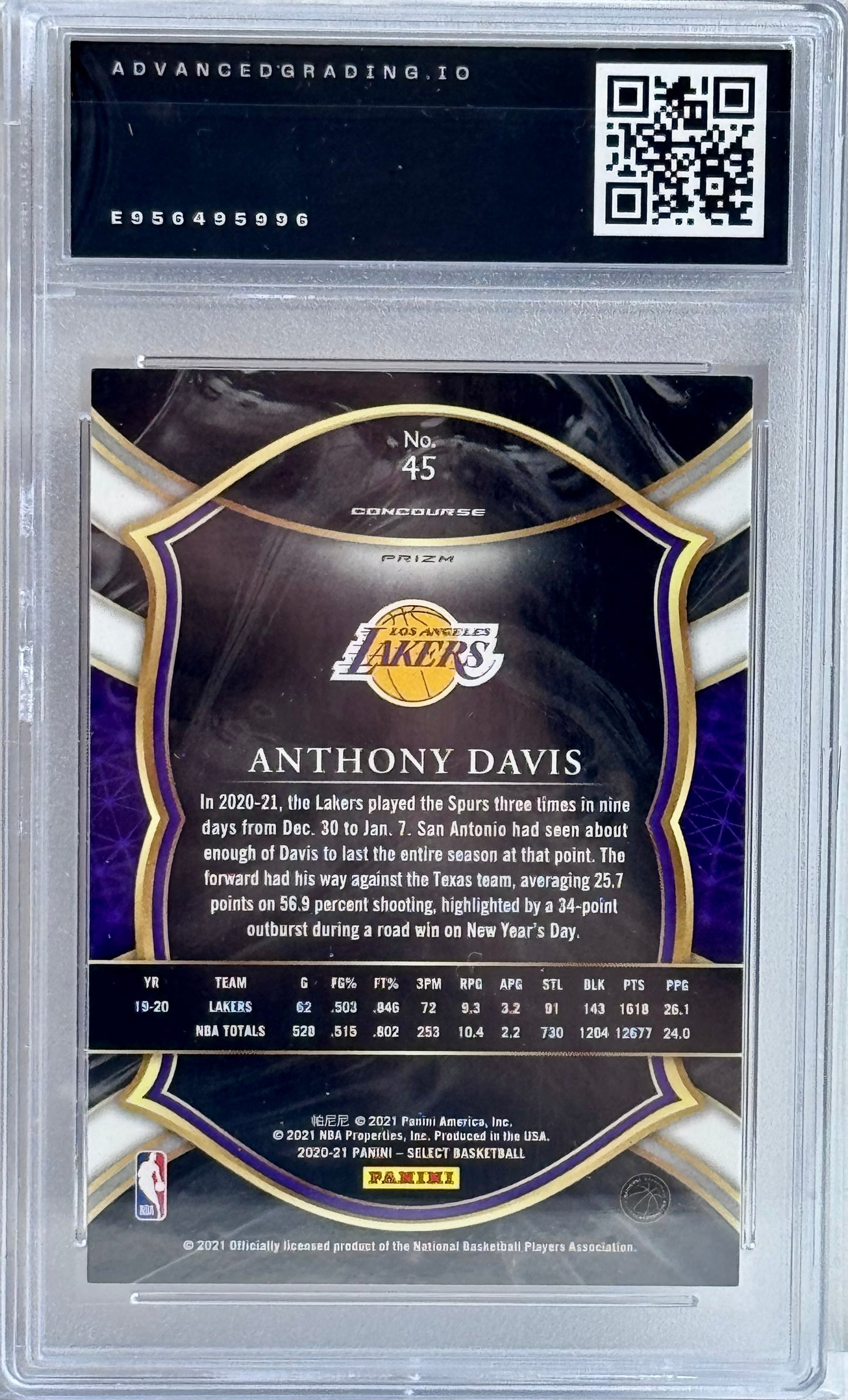 2020-21 Panini Select #45 Anthony Davis Red White Green Cracked Ice Prizm Gem 10
