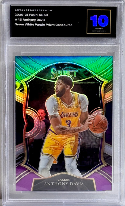 2020-21 Panini Select #45 Anthony Davis Green White Purple Prizm Conoourse Gem 10