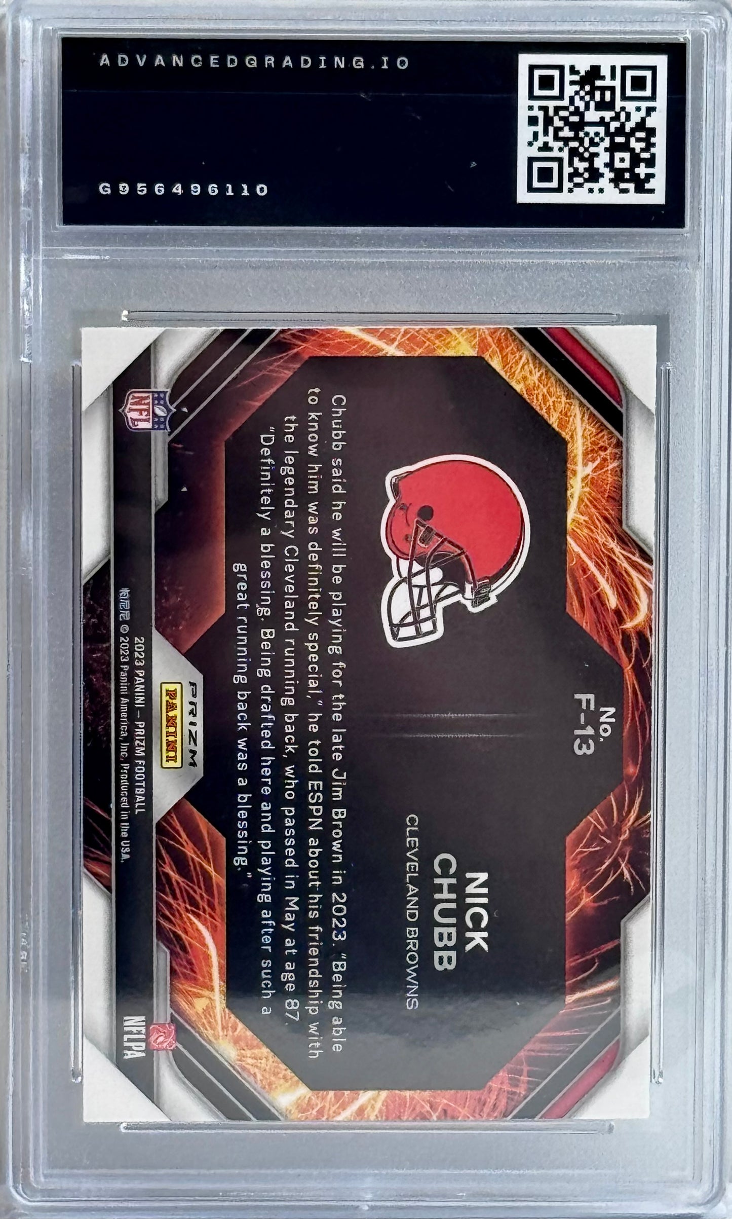 2023 Panini Prizm #F-13 Nick Chubb Fireworks Green Prizm Gem 10