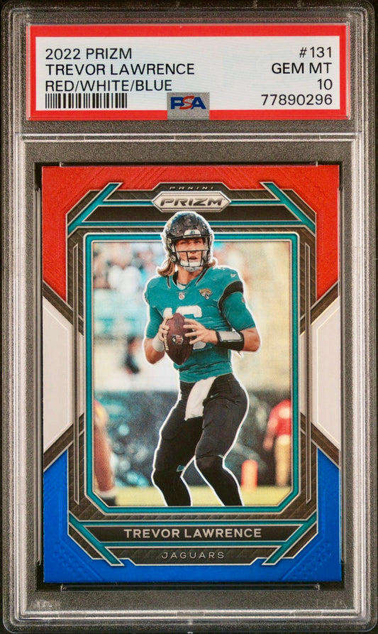 2022 PRIZM TREVOR LAWRENCE RED/WHITE/BLUE PSA 10