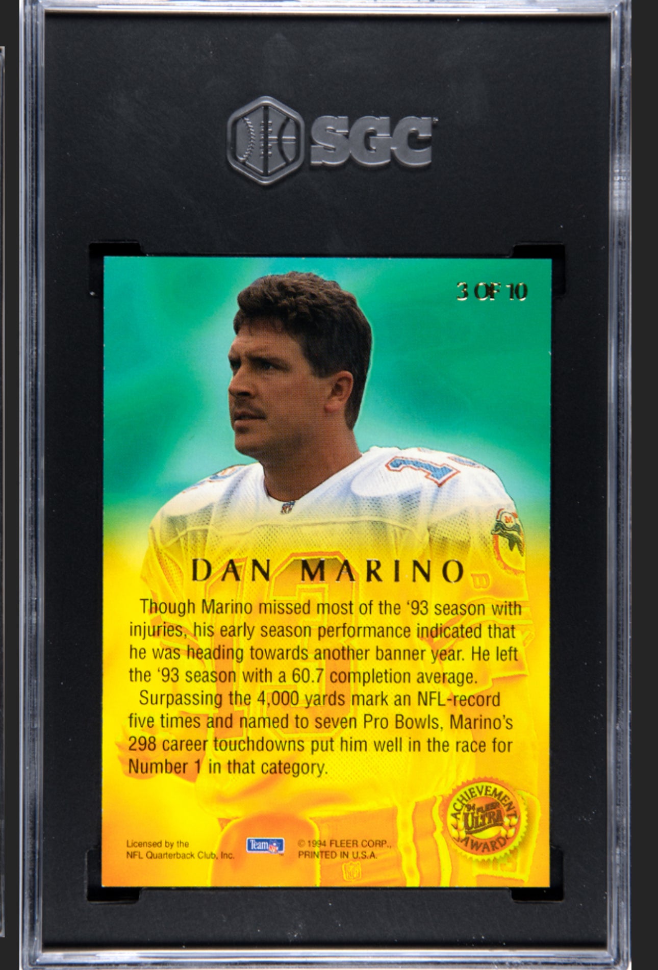 1994 FLEER ULTRA #3 DAN MARINO ACHIEVEMENT AWARD SGC 8