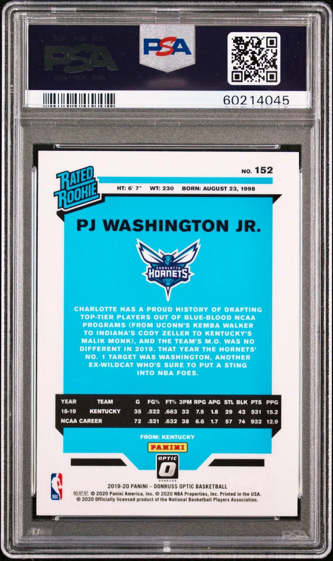 2019 PANINI DONRUSS OPTIC #152 PJ WASHINGTON JR. PSA 10