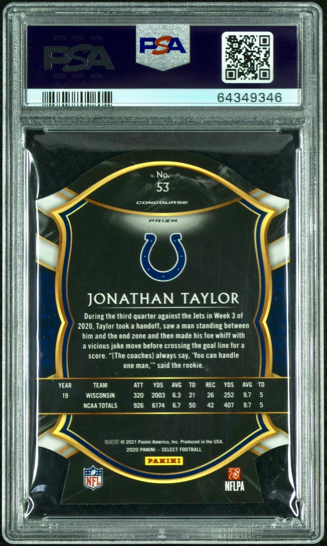 2020 PANINI SELECT JONATHAN TAYLOR DIE - CUT PURPLE PRIZM PSA 8