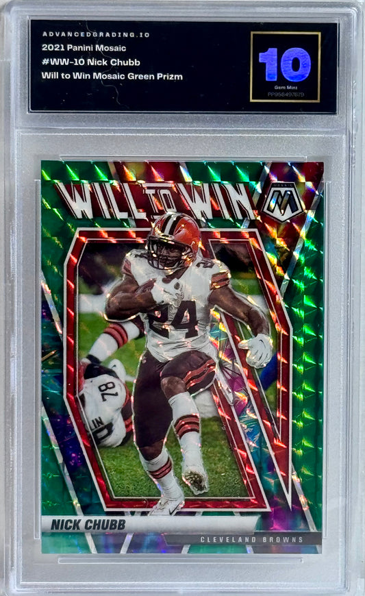 2021 Panini Mosaic #WW-10 Nick Chubb Will to Win Mosaic Green Prizm Gem 10