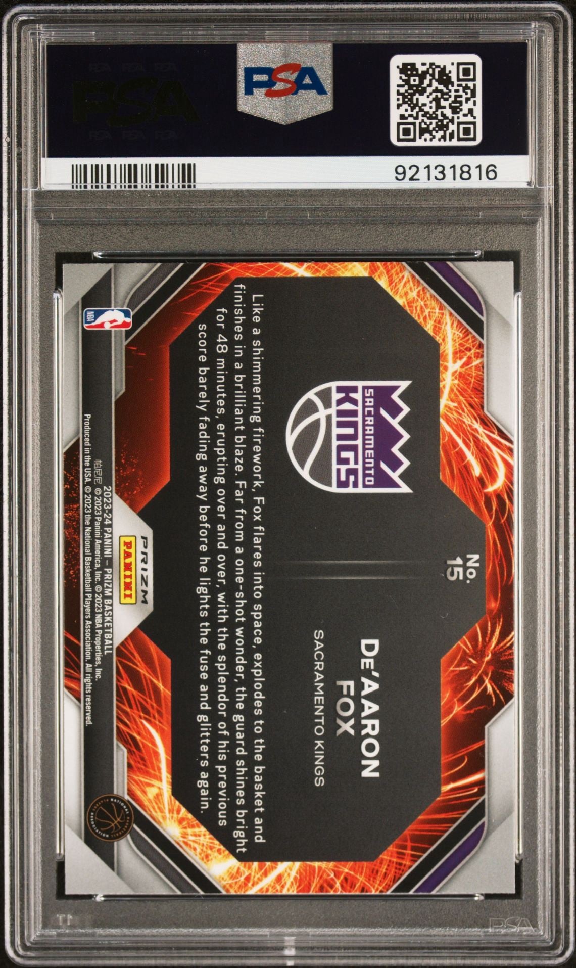 2023 PRIZM De'AARON FOX FIREWORKS-SILVER PSA 9