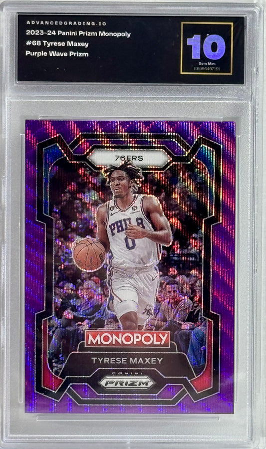 2023-24 Panini Prizm Monopoly #68 Tyrese Maxey Purple Wave Prizm Gem 10