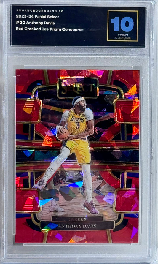 2023-24 Panini Select #20 Anthony Davis Red Gracked Ice Prizm Concourse Gem 10