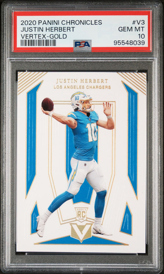 2020 PANINI CHRONICLES JUSTIN HERBERT VERTEX-GOLD PSA 10