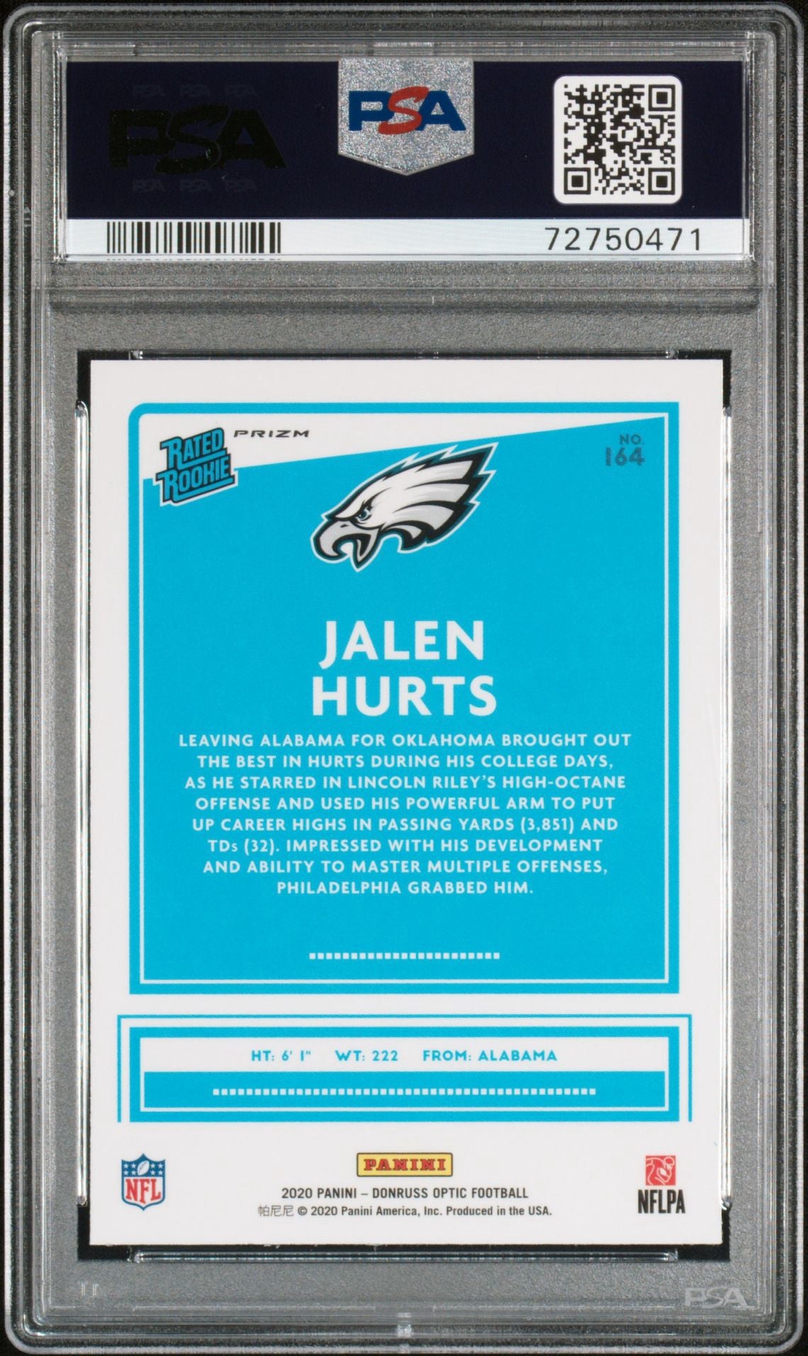 2020 PANINI DONRUSS OPTIC JALEN HURTS BLUE HYPER PSA 10