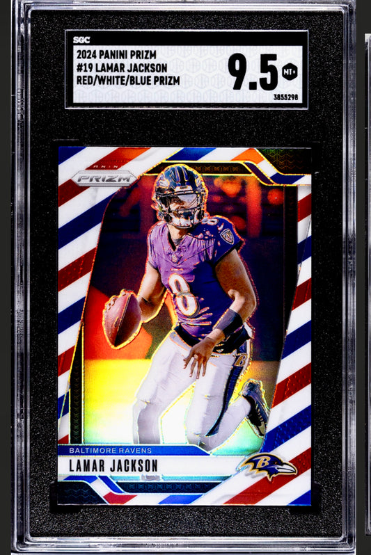 2024 PANINI PRIZM #19 LAMAR JACKSON RED/WHITE/BLUE PRIZM SGC 9.5