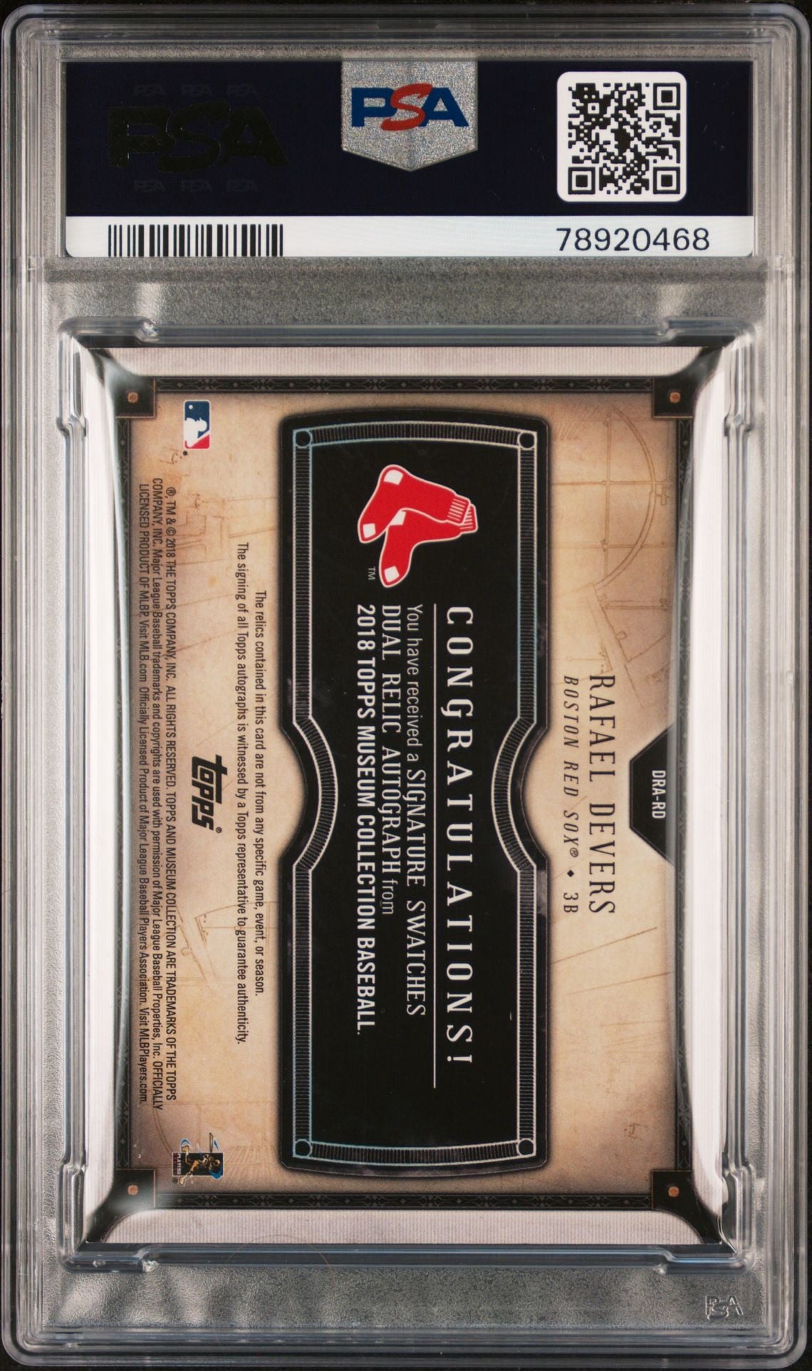 2018 TOPPS MUSEUM COLL. RAFAEL DEVERS SIG.SWAT.DUAL RLC.AUTO. PSA 9