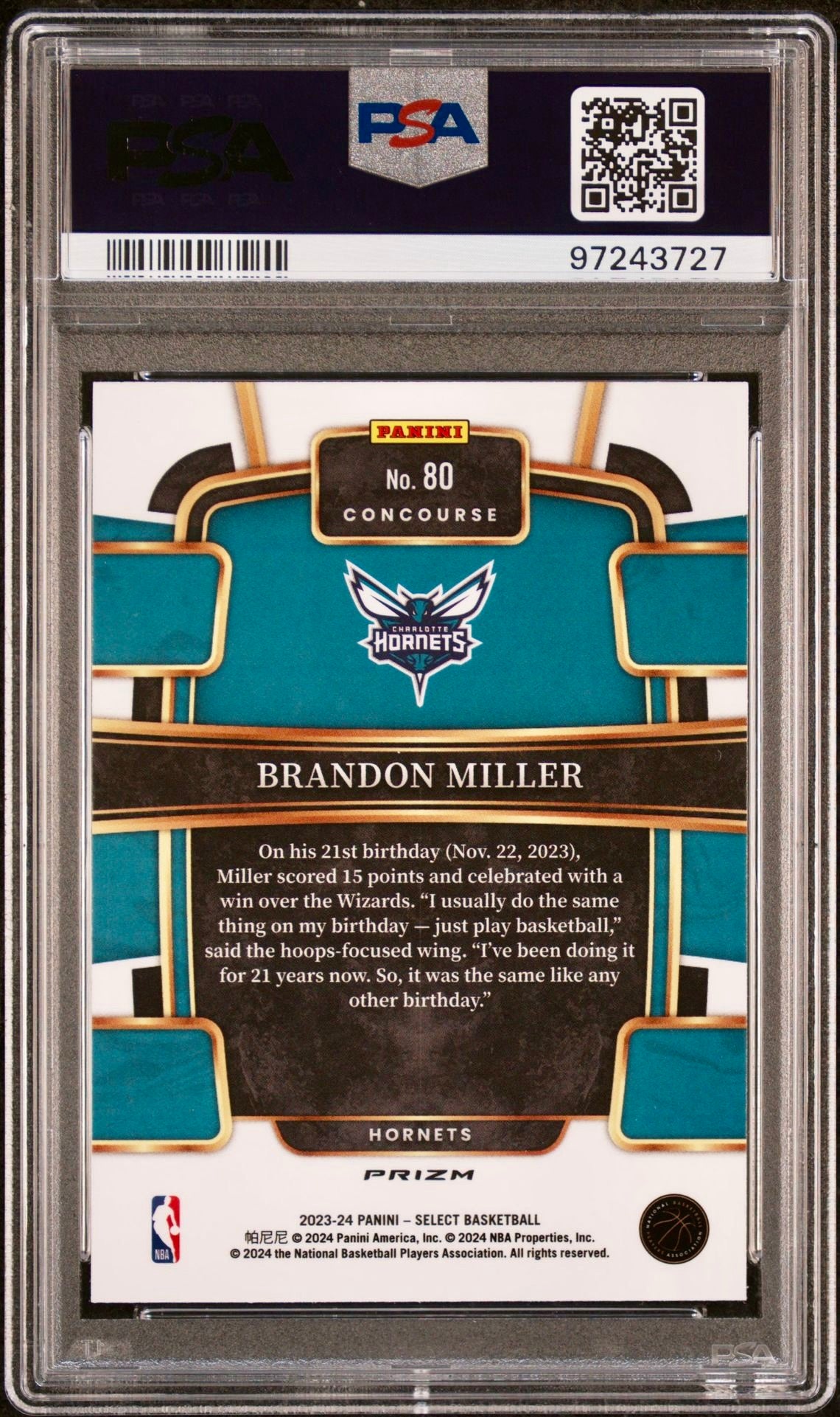 2023 SELECT BRANDON MILLER BLUE PRIZM PSA 7