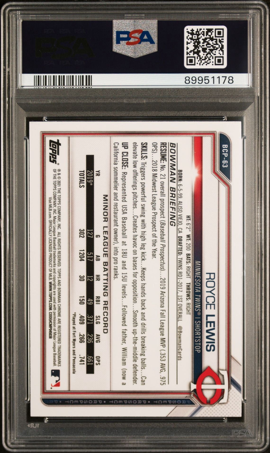 2021 BOWMAN S/E ROYCE LEWIS CHROME PROSPECTS PSA 10