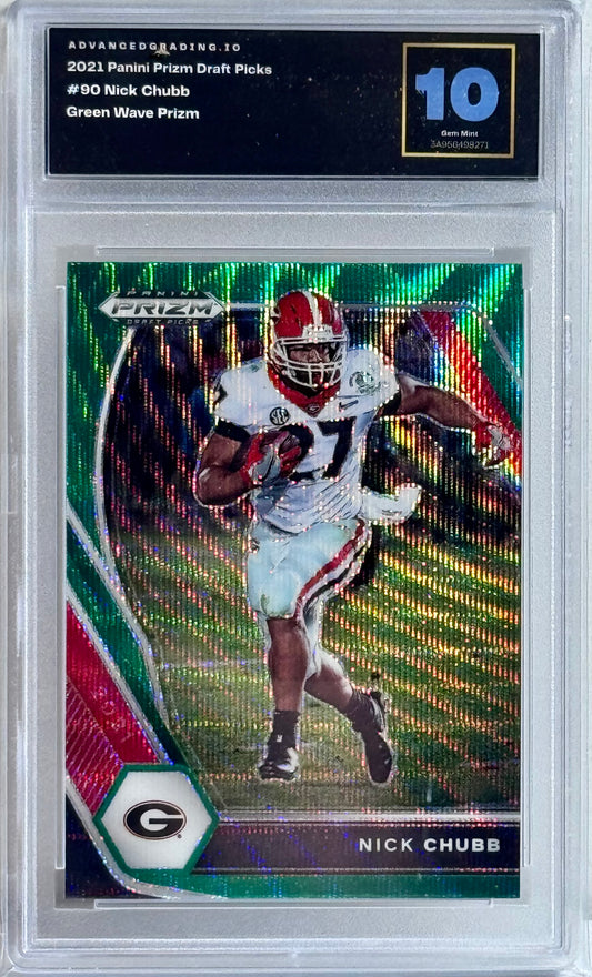2021 Panini Prizm Draft Picks #90 Nick Chubb Green Wave Prizm Gem 10