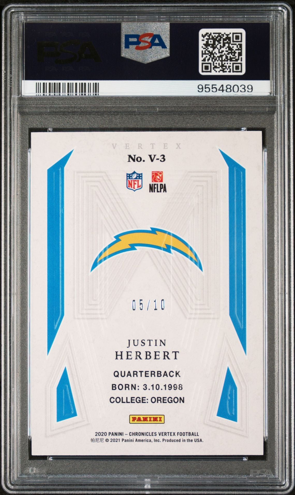 2020 PANINI CHRONICLES JUSTIN HERBERT VERTEX-GOLD PSA 10