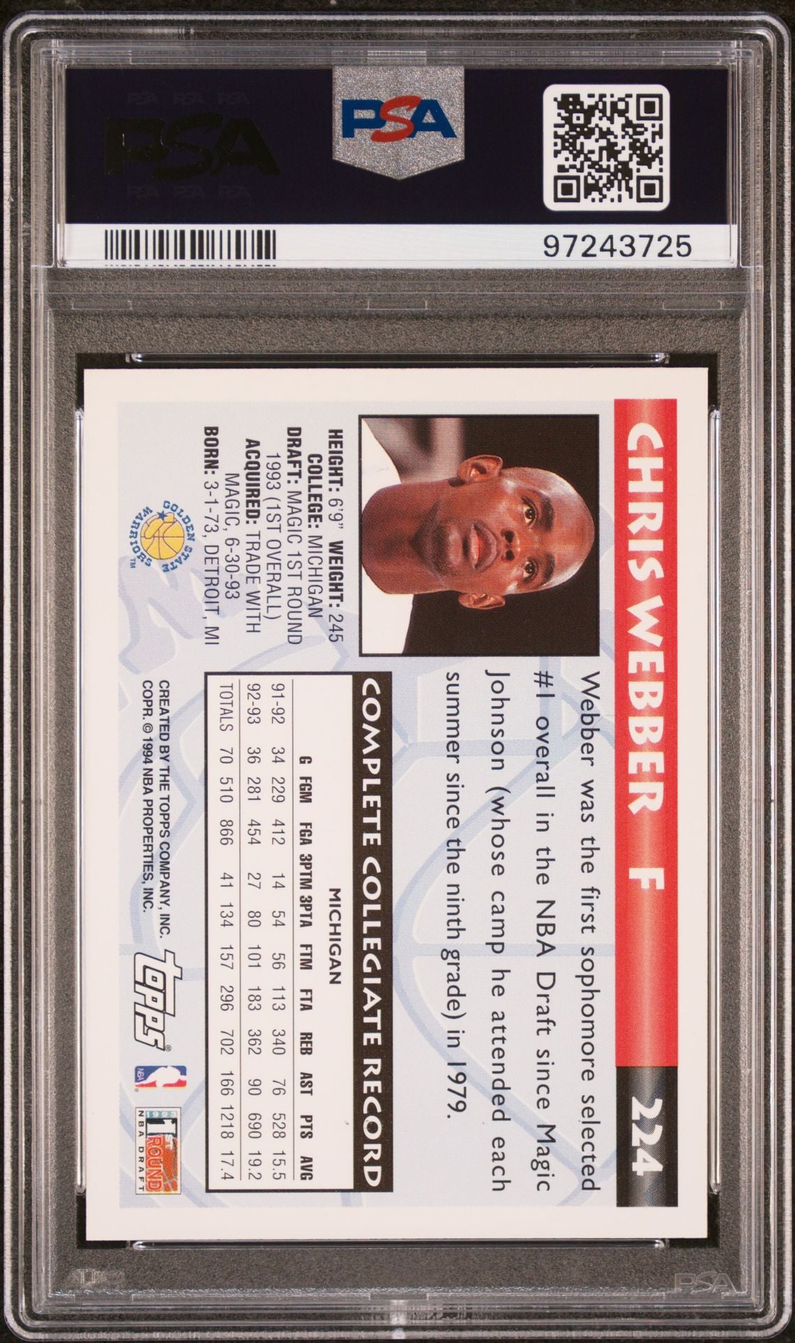 1993 TOPPS GOLD CHRIS WEBBER PSA 9