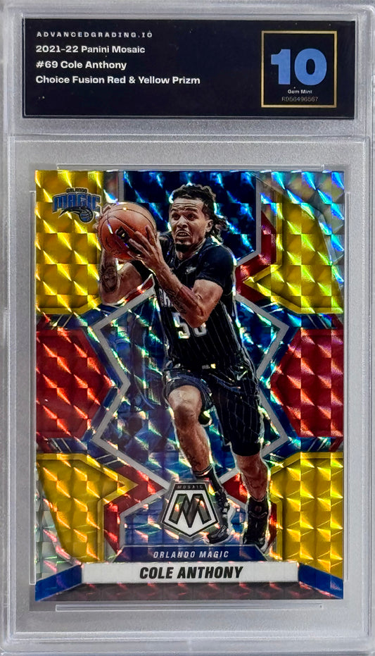 2021-22 Panini Mosaic #69 Cole Anthony Choice Fusion Red & Yellow Prizm Gem 10