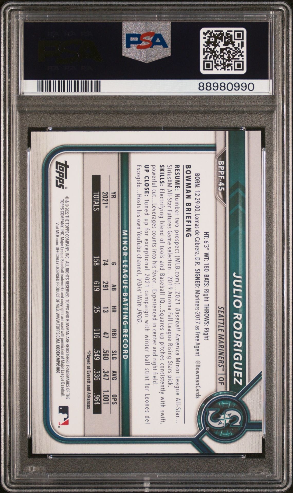 2022 BOWMAN 1ST ED. JULIO RODRIGUEZ SKY BLUE FOIL PSA 10