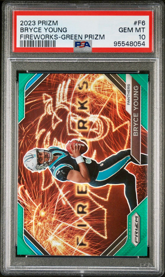 2023 PRIZM BRYCE YOUNG FIREWORKS-GREEN PRIZM PSA 10