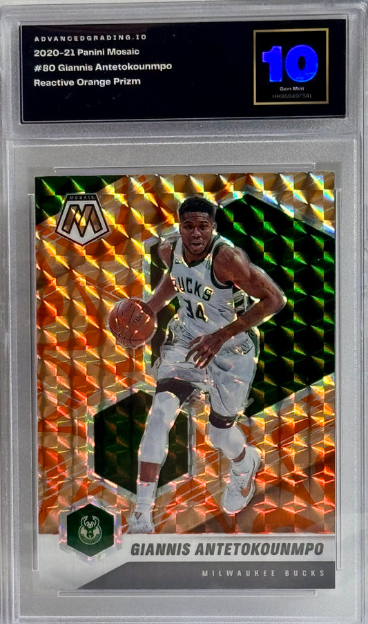 2020-21 Panini Mosaic #80 Giannis Antetokounmpo Reactive Orange Prizm Gem 10