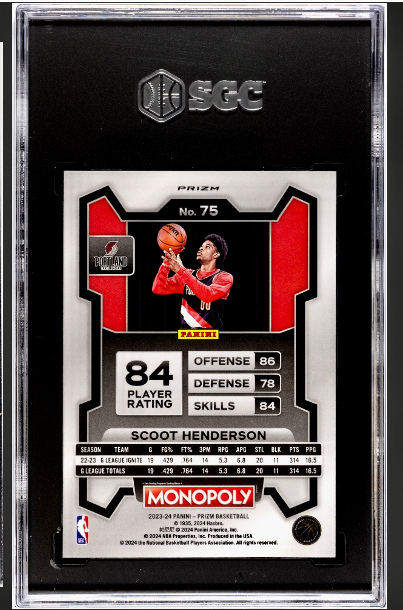 2023-24 PANINI PRIZM MONOPOLY
#75 SCOOT HENDERSON PURPLE PRIZM SGC 9.5